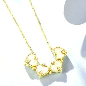 WHITE ENAMEL GOLD RIM COPPER PLATE HEARTS FOUR LEAF CLOVER NECKLACE